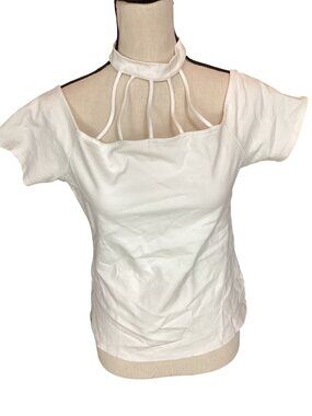 New Mode White Short Sleeve Top*High Neck Cage*Button Closure*Cosplay*L*EUC